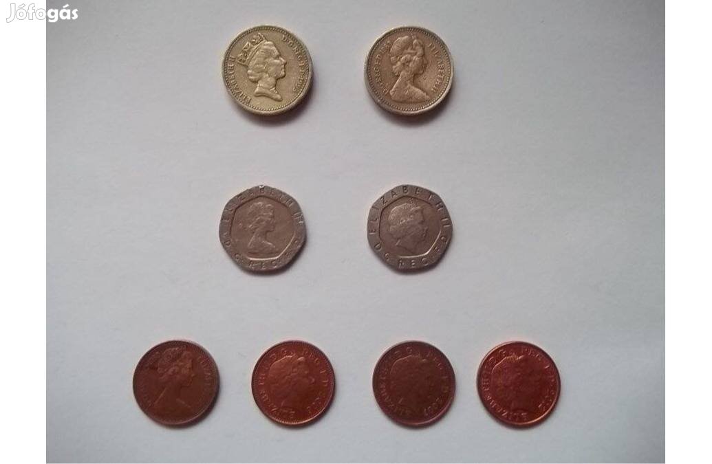 Angol 1 pound, 20 pence, 1 penny fémpénz érme