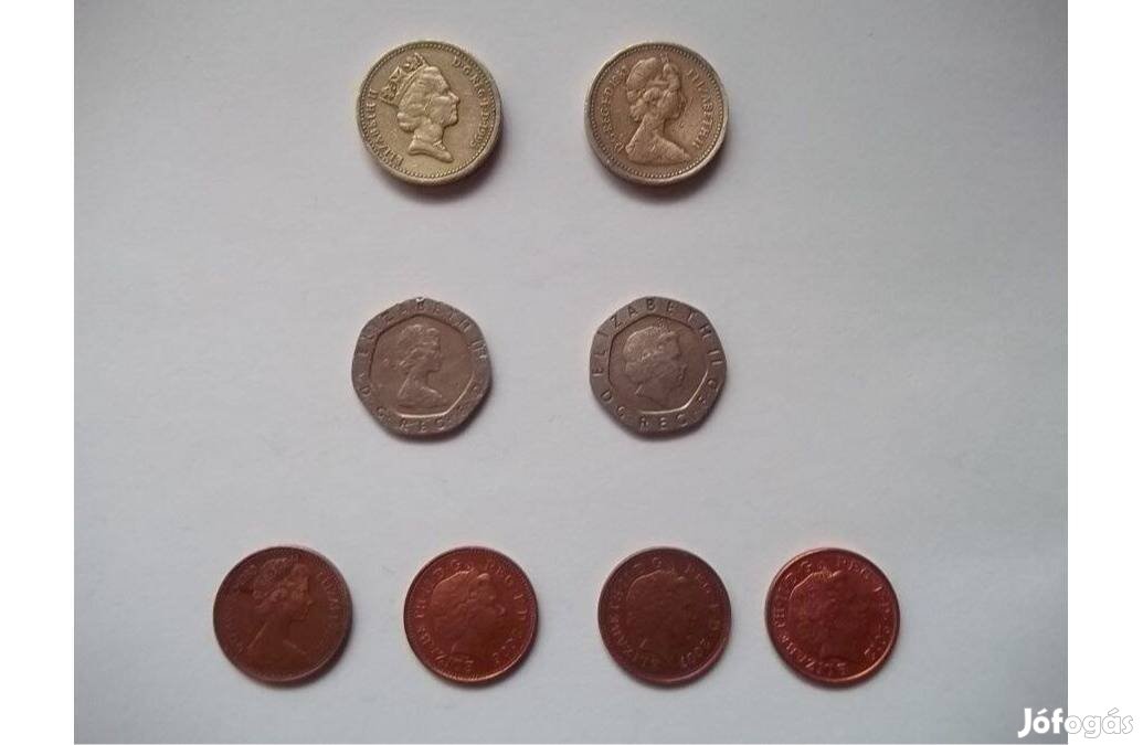 Angol 1 pound, 20 pence, 1 penny fémpénz érme