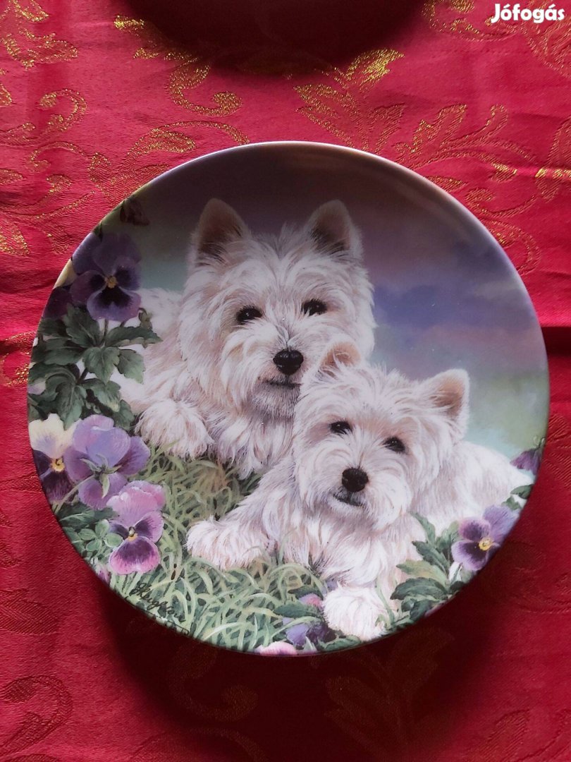Angol fali porcelán dísztányér aranyos Westie kutyusokkal- Vitrin álla
