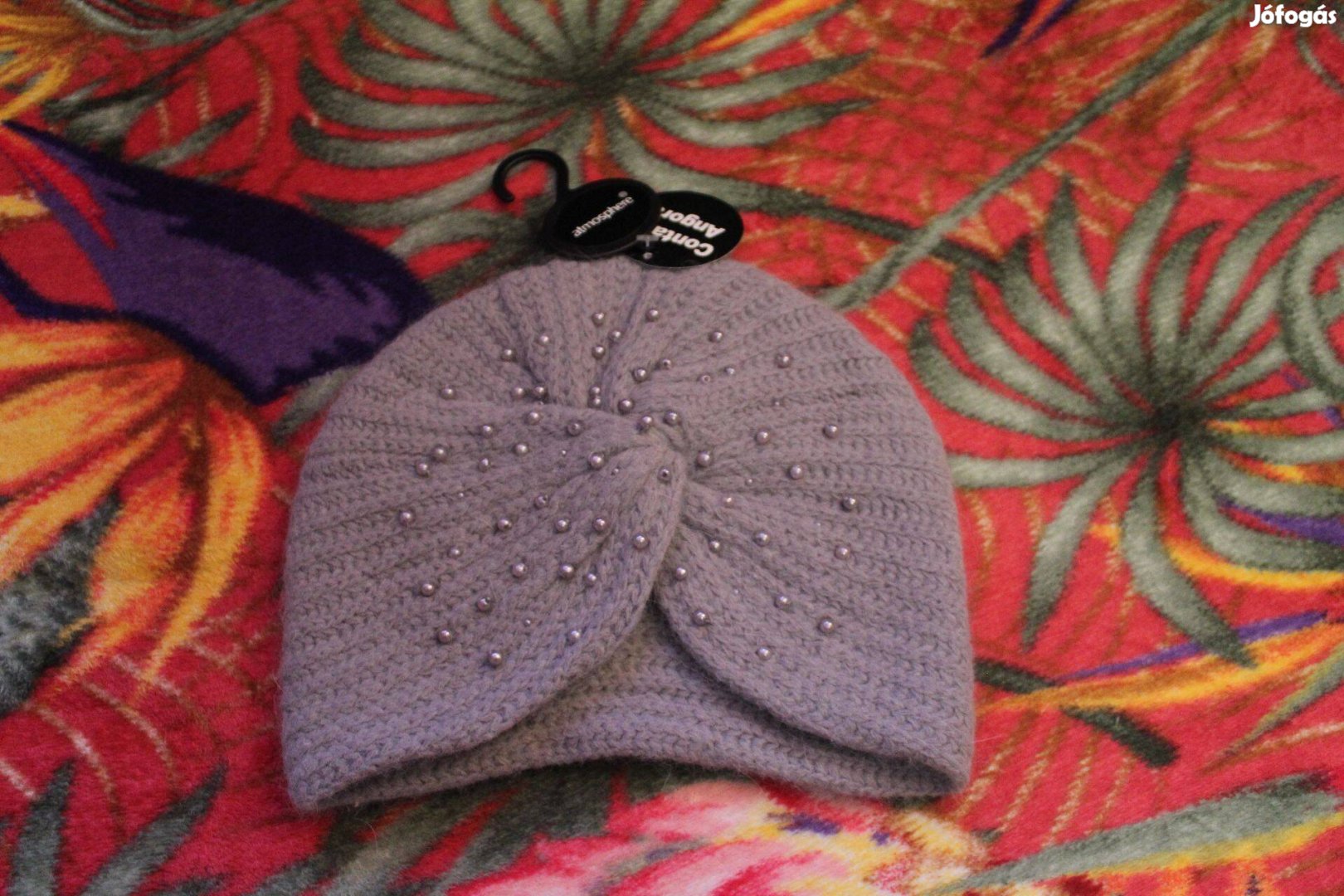 Angora szurke, gyongyos sapka, turban (kisebb fejre), Uj
