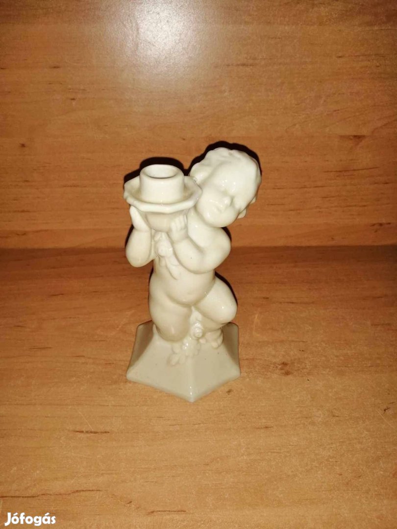 Angyalkás gyertyatartó porcelán figura - 14,5 cm