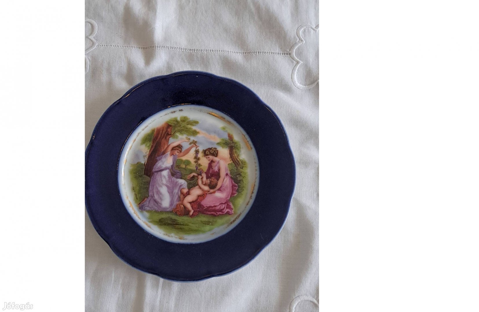 Antik Altwien kék szélű zsáner jelenetes porcelán