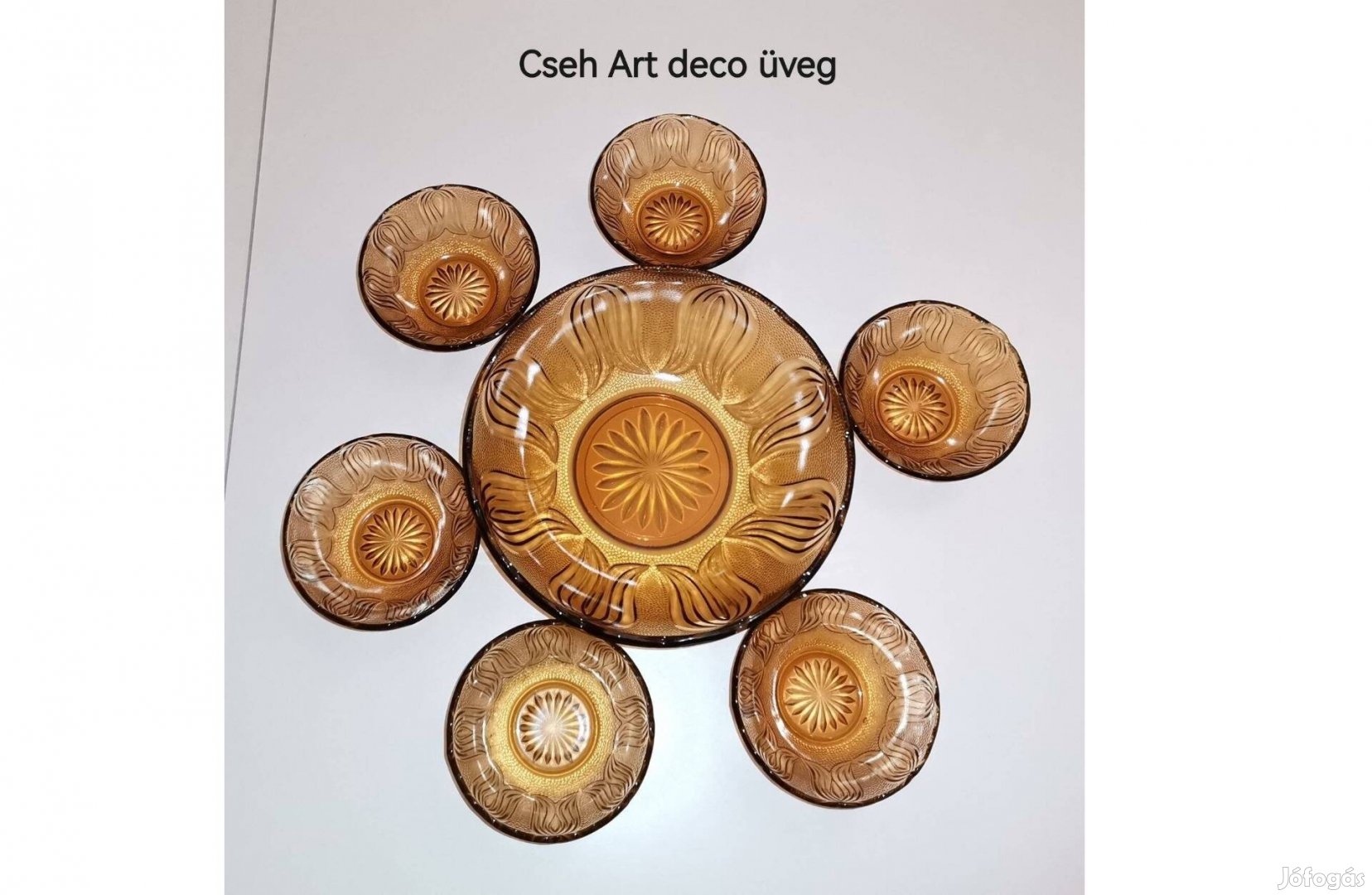 Antik Cseh Artdeco borostyánszínű üveg kompótos 7 db-os