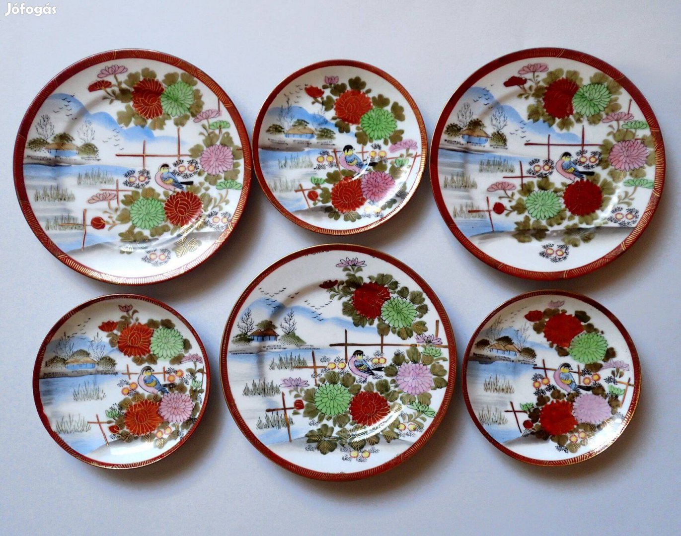 Antik Kutani japán jelzett tojáshéj porcelán készlet tál