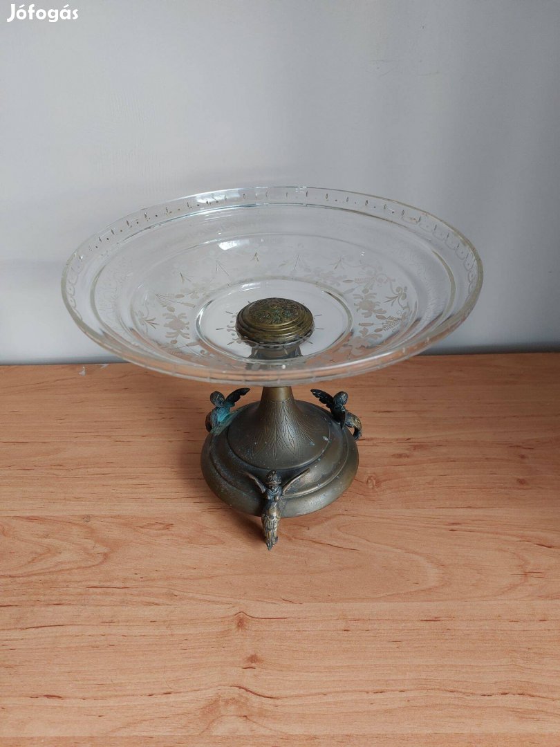 Antik Rokokó kínálótál 3 db angyalka Csiszolt üvegtál