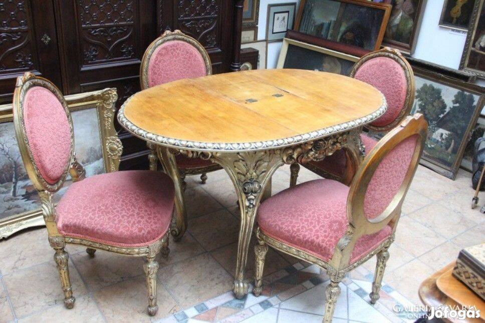 Antik, Dúsan faragott, aranyozott szecessziós asztal és 4 szék