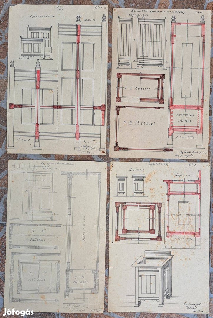 Antik. Éjjeli - ruhásszekrény 4 db rajz. 1922 Pécs