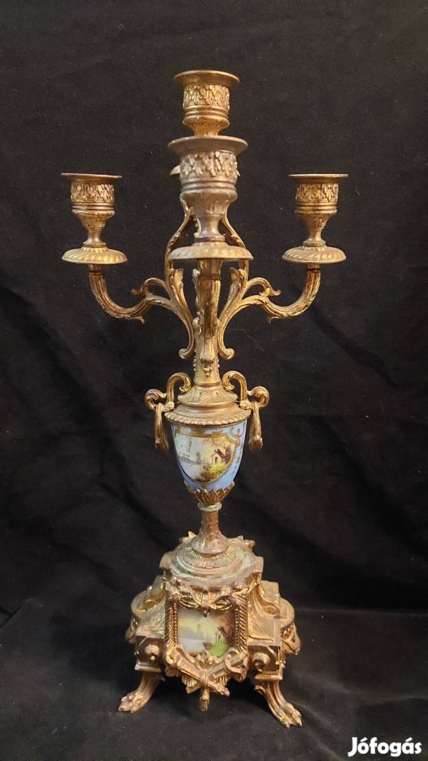 Antik, Francia, aranxozott, festett porcelánbetétes gyertyatartó