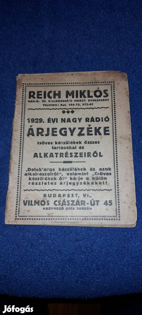 Antik , régi , ritka Reich Miklós Rádió árjegyzék 1929