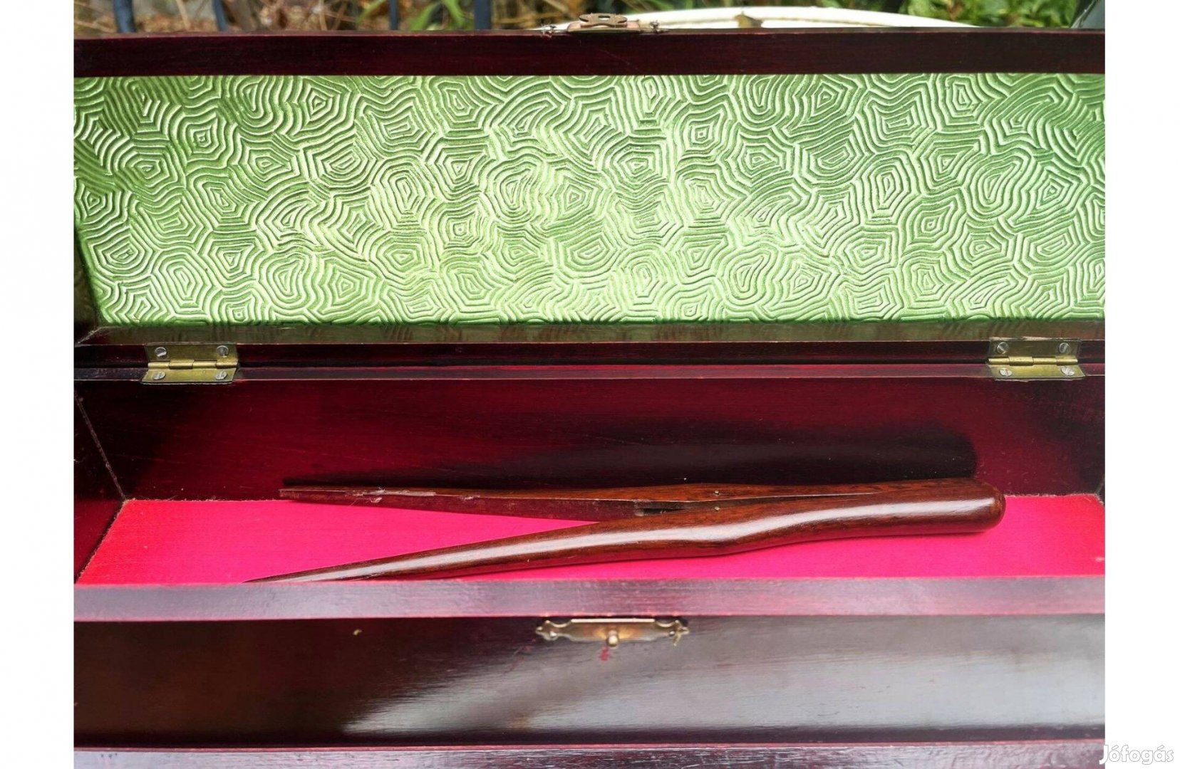 Antik, art nouveau mahagóni üveg kesztyű tároló fa ládika, kézzel kész