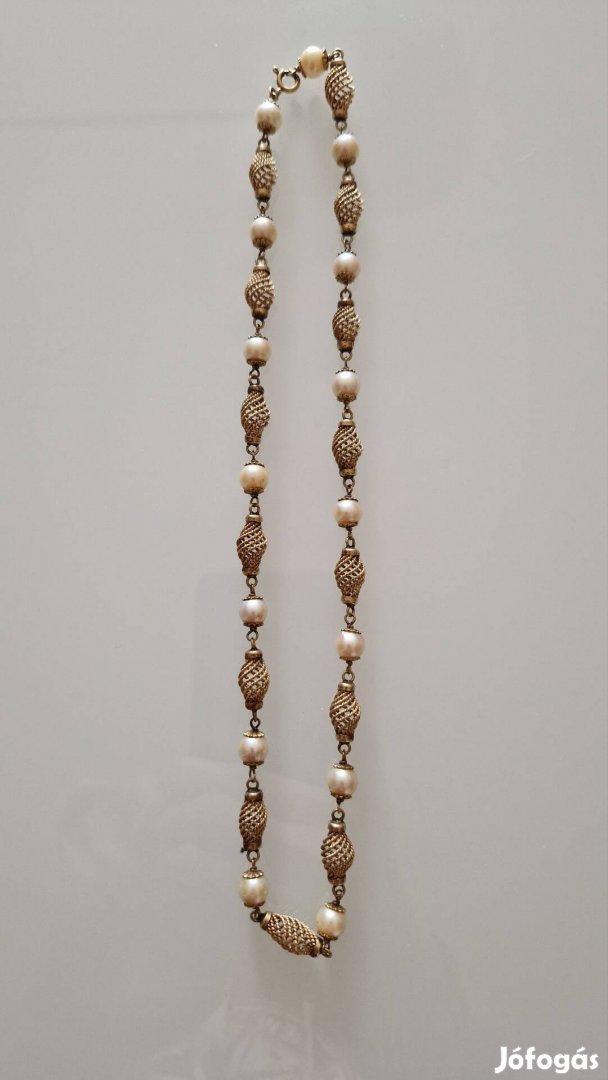Antik, bécsi, 14 k arany nyaklánc, tenyésztett gyöngy, 1920-30, 42 g