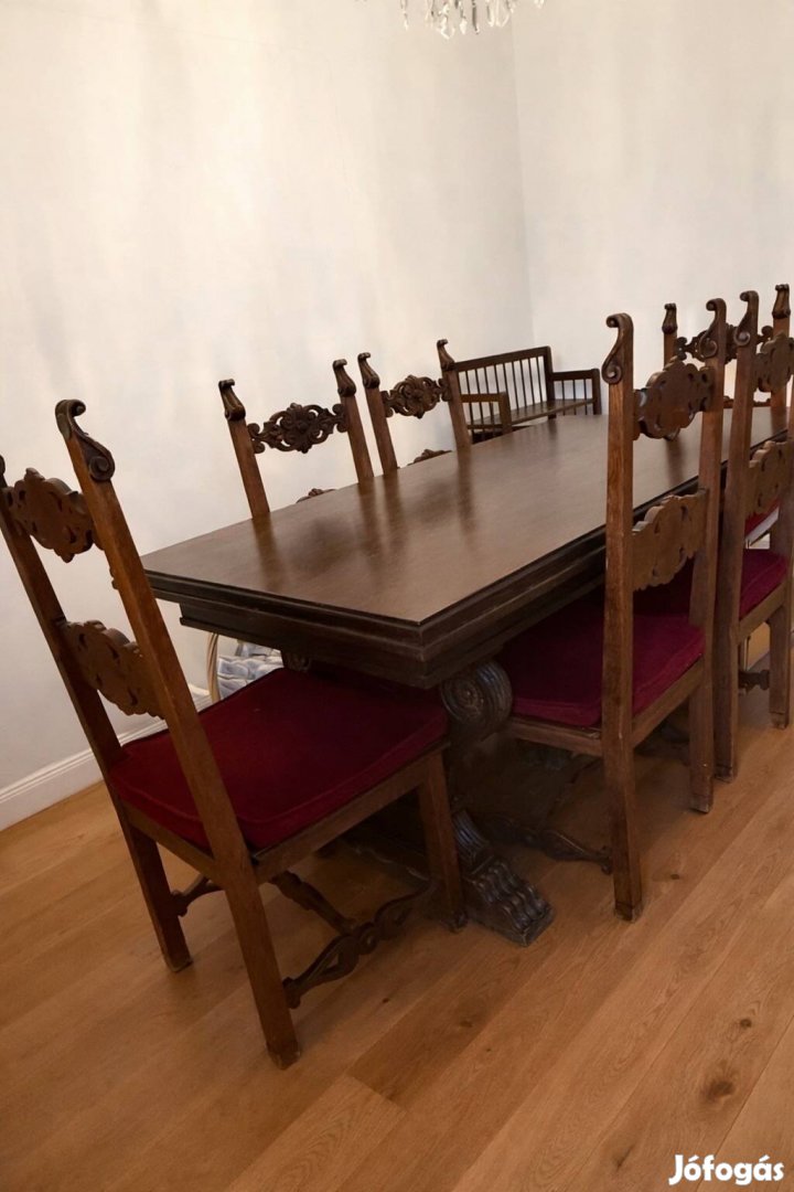 Antik, bővíthető étkezőasztal 8 db székkel