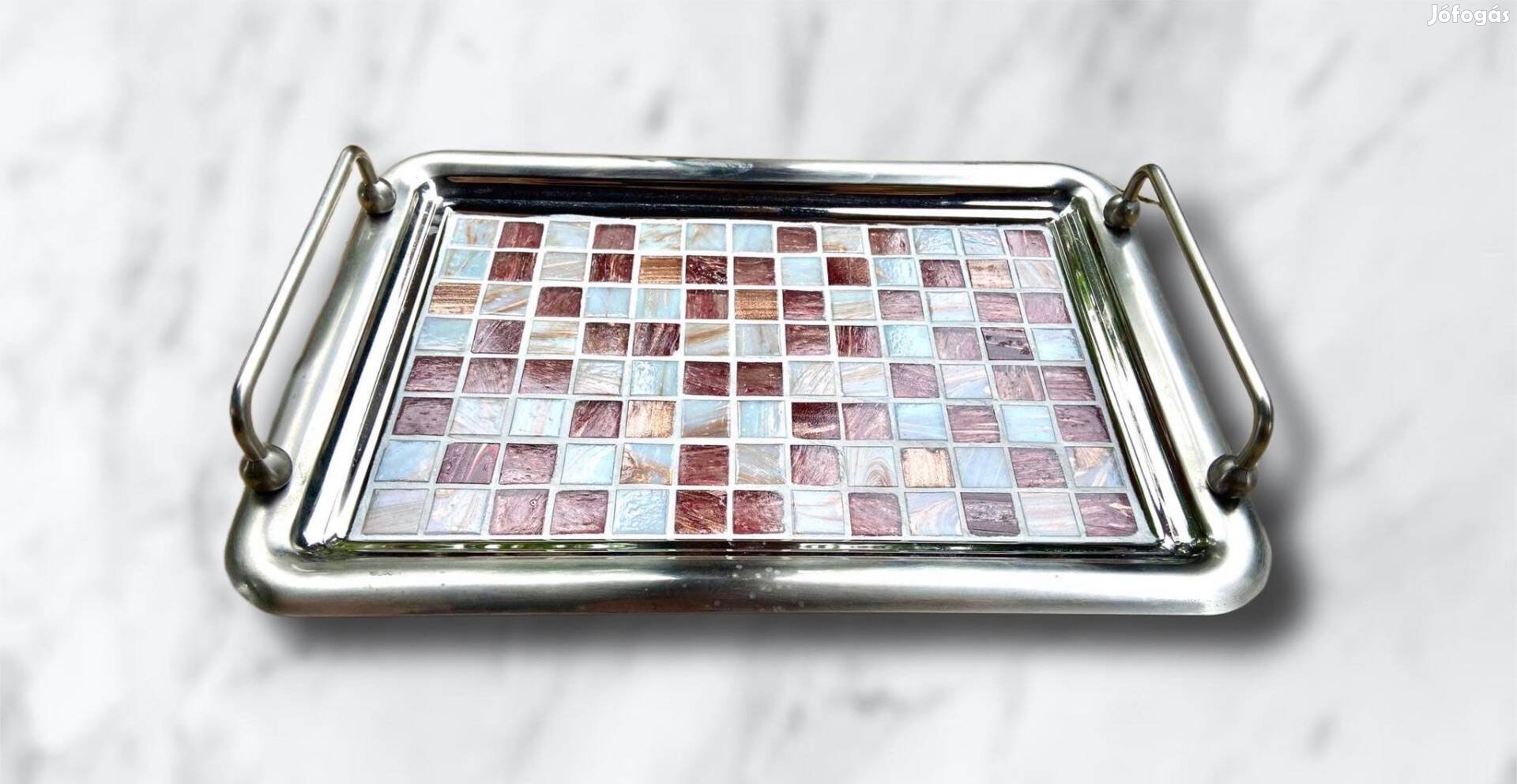 Antik alpakka tálca üvegmozaik berakással kézműves ajándék