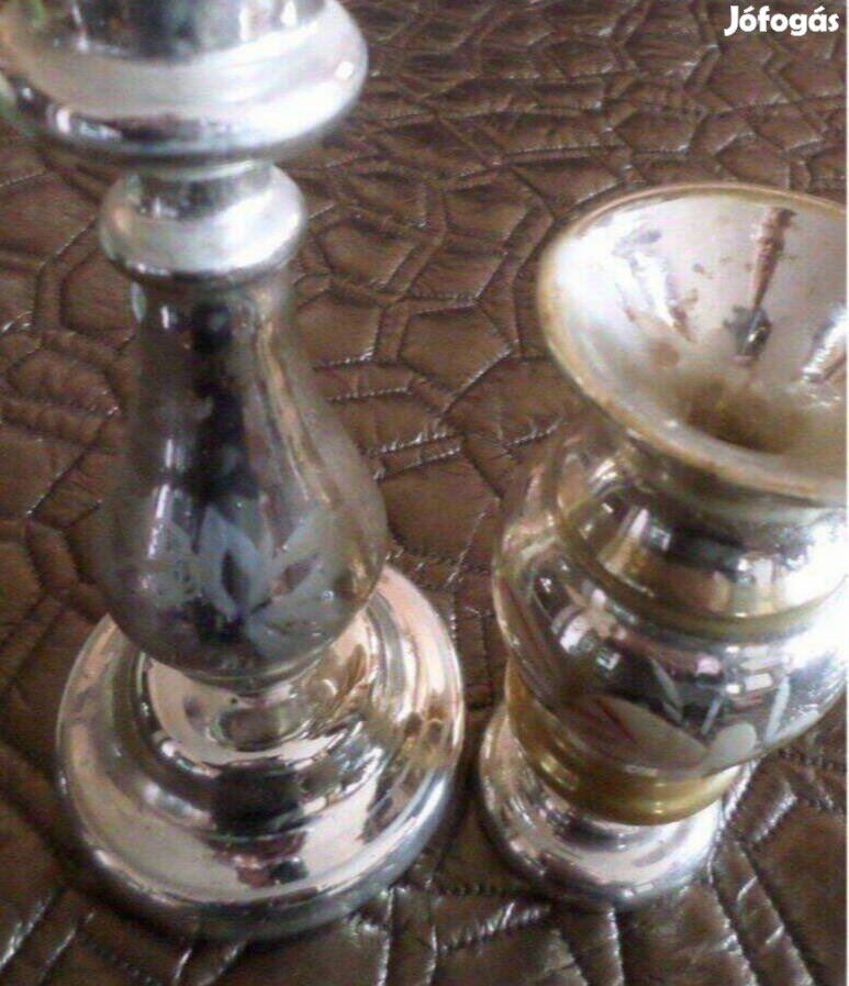 Antik bieder huta üveg gyertyatartó 2 db
