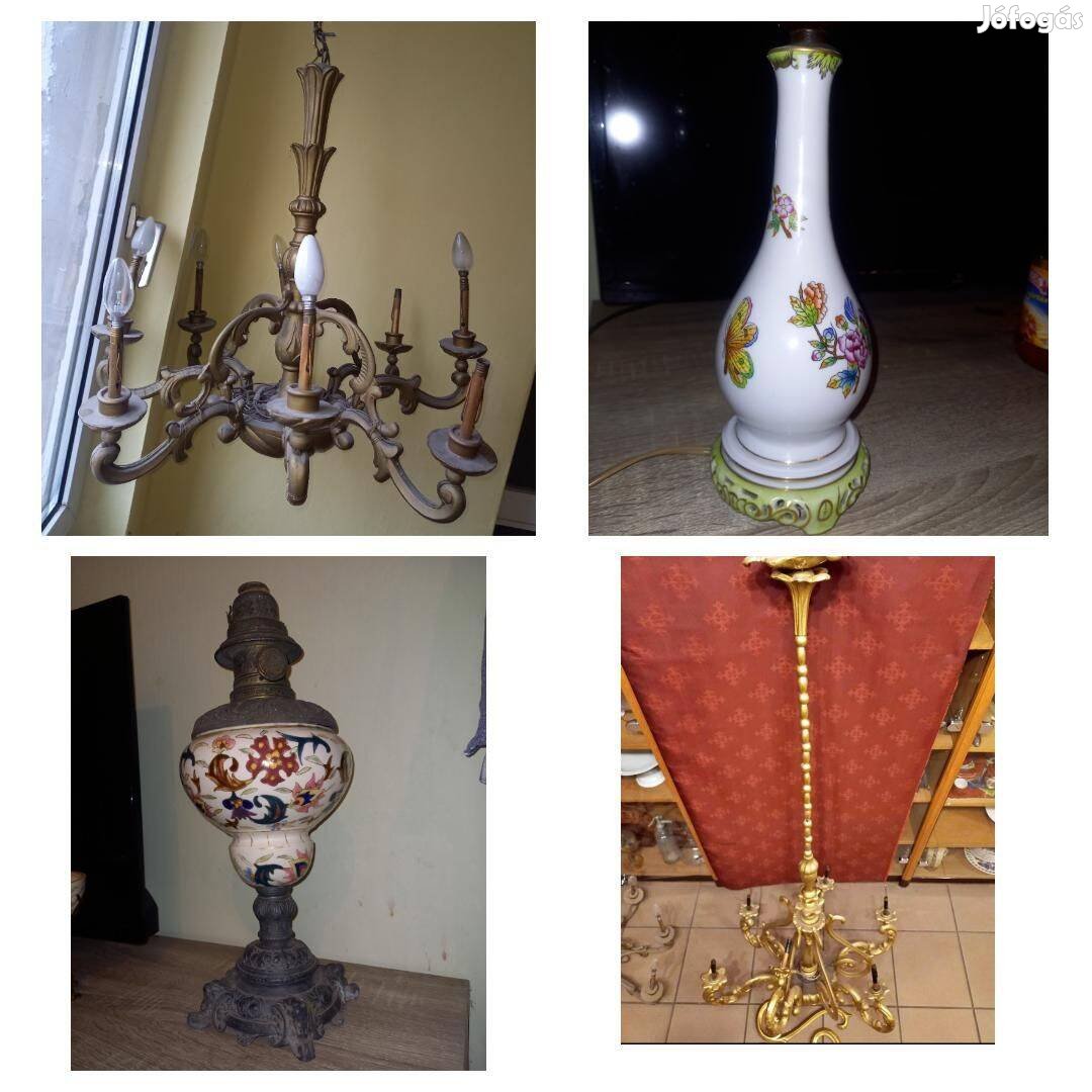 Antik csillar és petroleumlampa, majolikalampa, herendi lampa