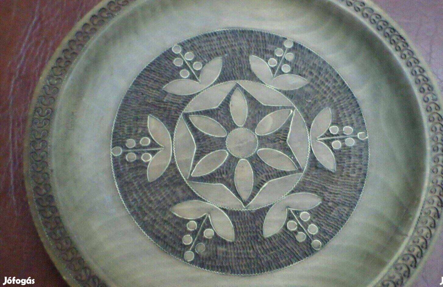 Antik fa tányér dísztányér kézműves réz intarzia