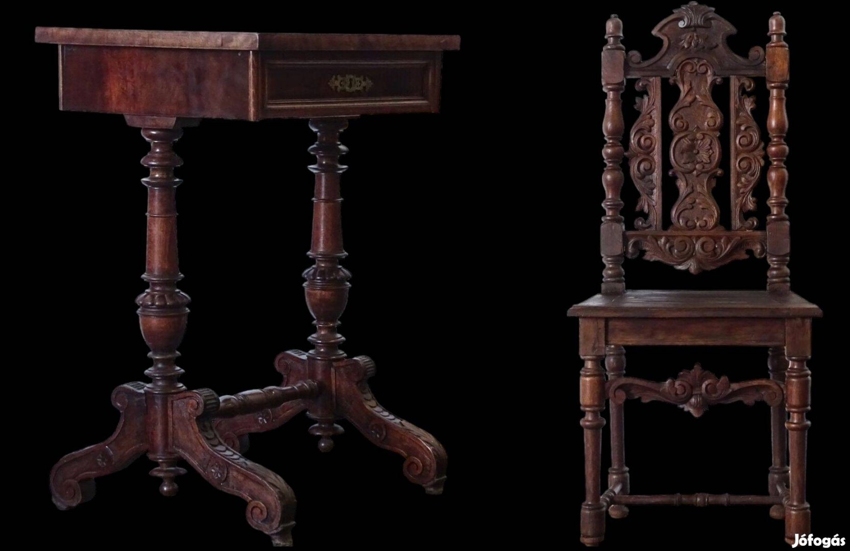 Antik faragott trón támlás szék , Ónémet asztalka eladó Csepelen