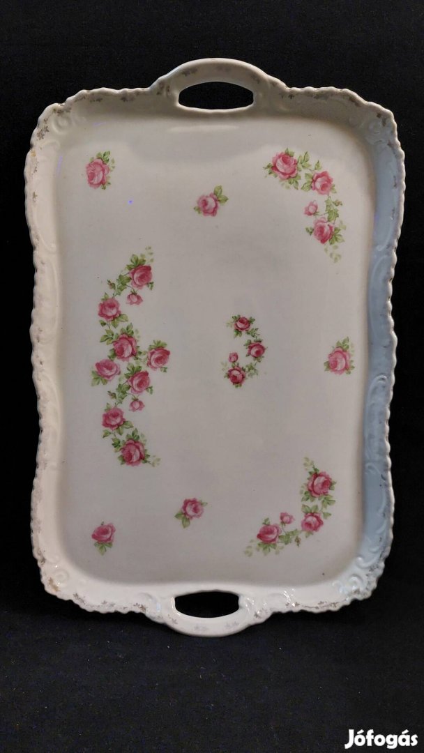 Antik füles rózsás porcelán tálca