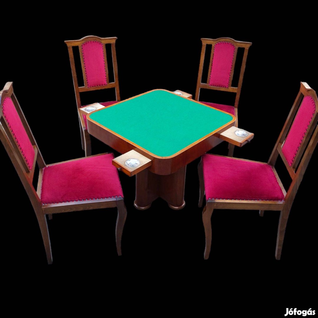 Antik kártyaasztal-játékasztal 4 székkel