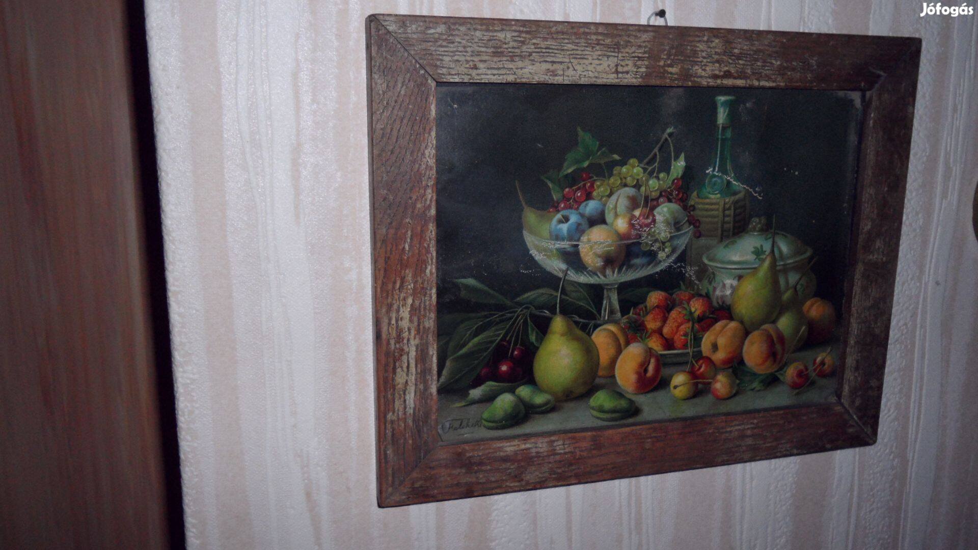 Antik kép gyümölcs csendélet üvegezett és keretezett eredeti 1938
