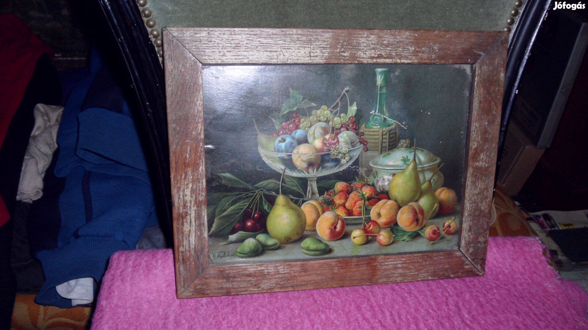 Antik kép gyümölcs csendélet üvegezett és keretezett eredeti 1938