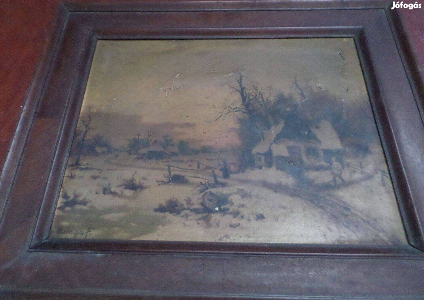 Antik kép tájkép fa képkeret 100 éves