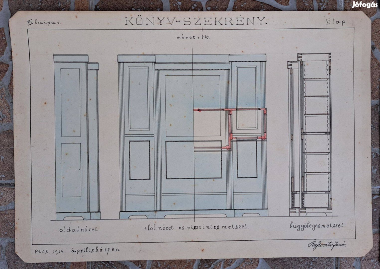 Antik könyv-szekrény rajz,tervrajz. Pécs 1924