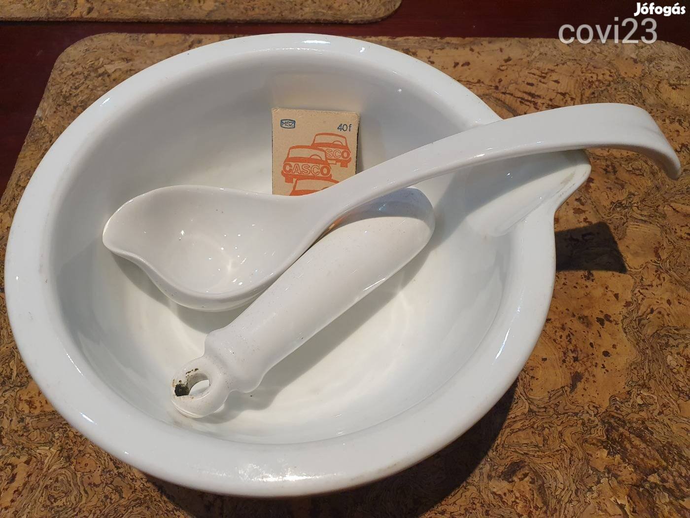 Antik mázas porcelán gyógyszertári dörzs mozsár keverőtál WC lehúzó
