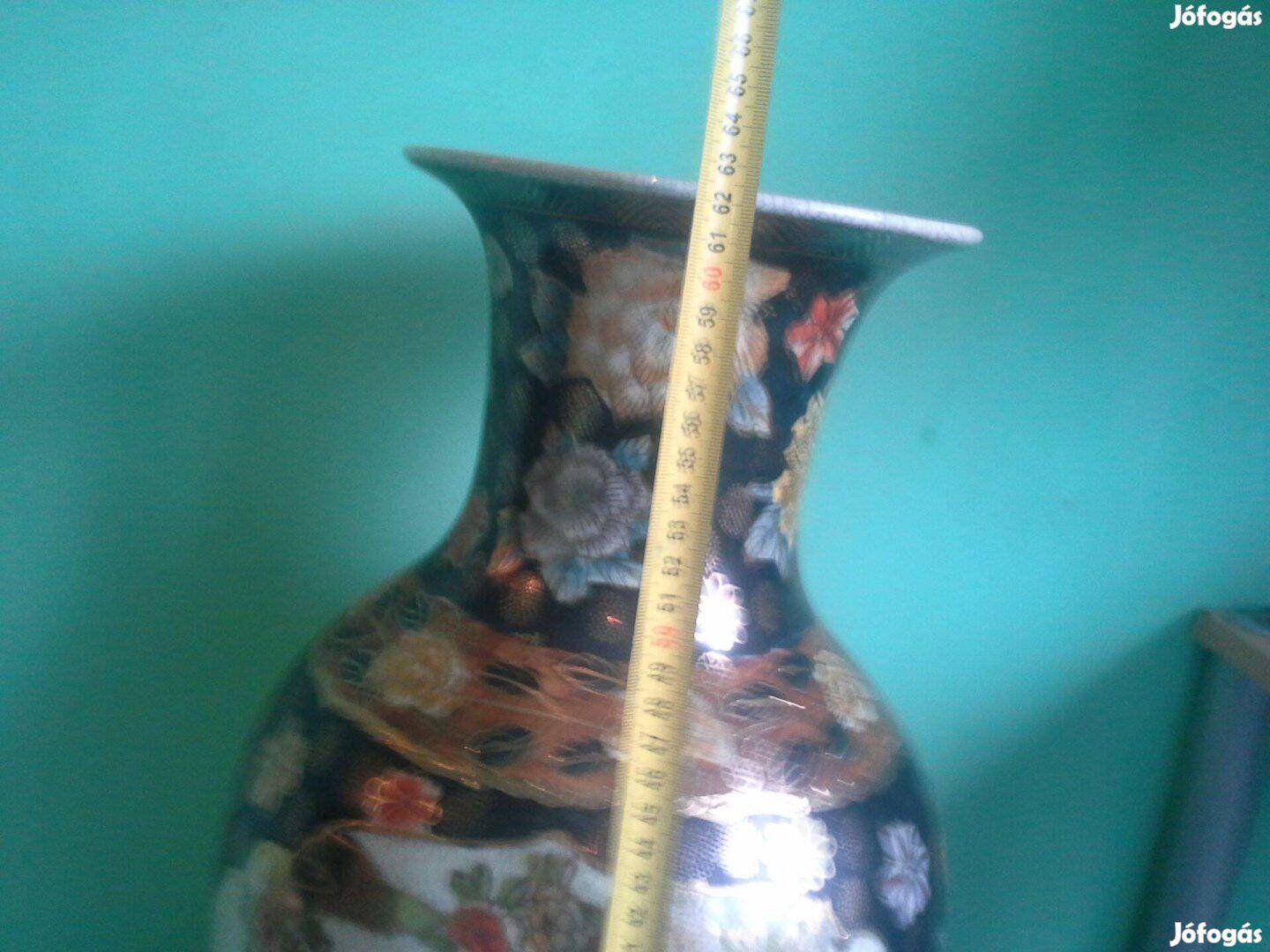 Antik nagy 62 cm kézműves aranyszínű festett porcelán váza padlóváza