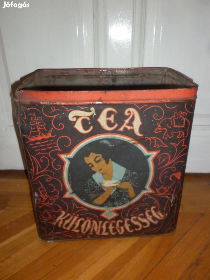 Antik nagyméretű tea fémdoboz teásdoboz