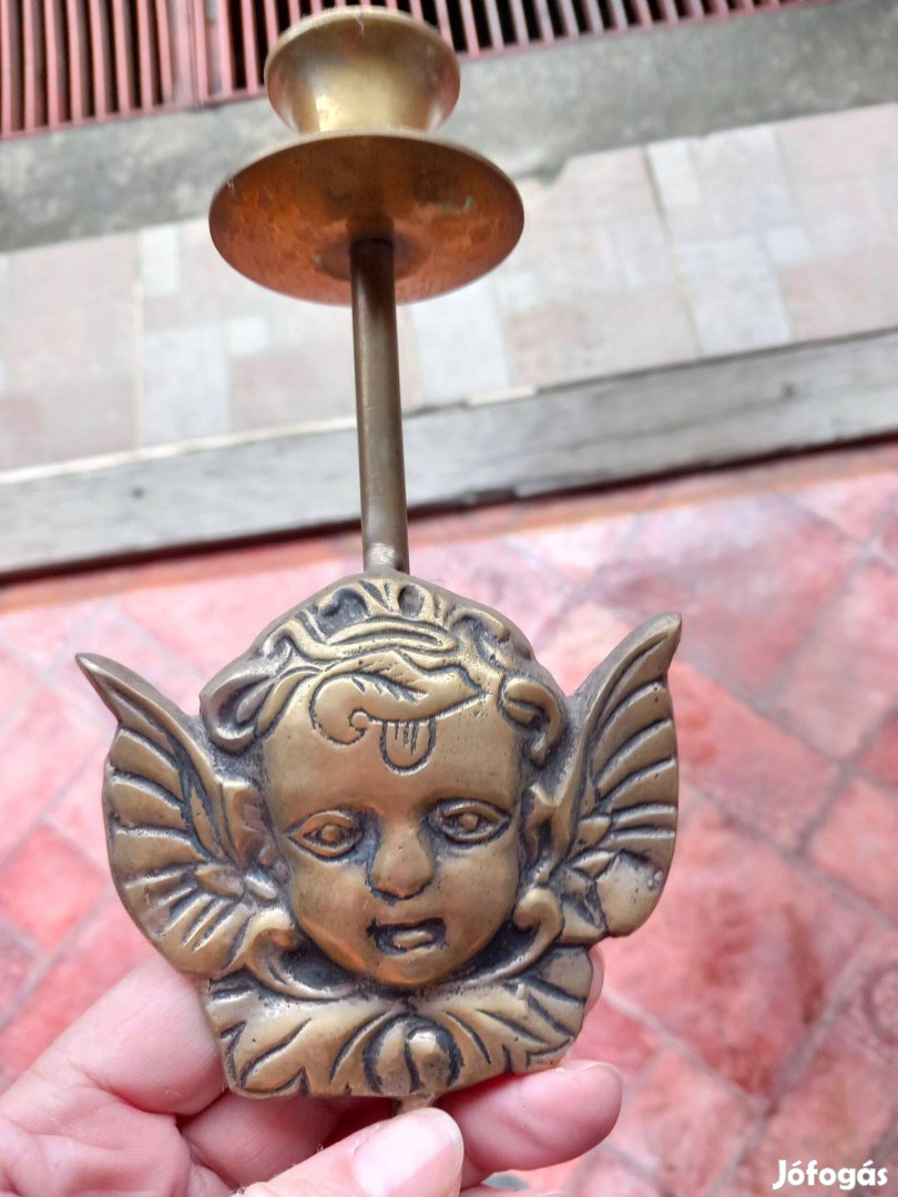 Antik nehéz réz gyertyatartó angyalfej mintával párban nagy