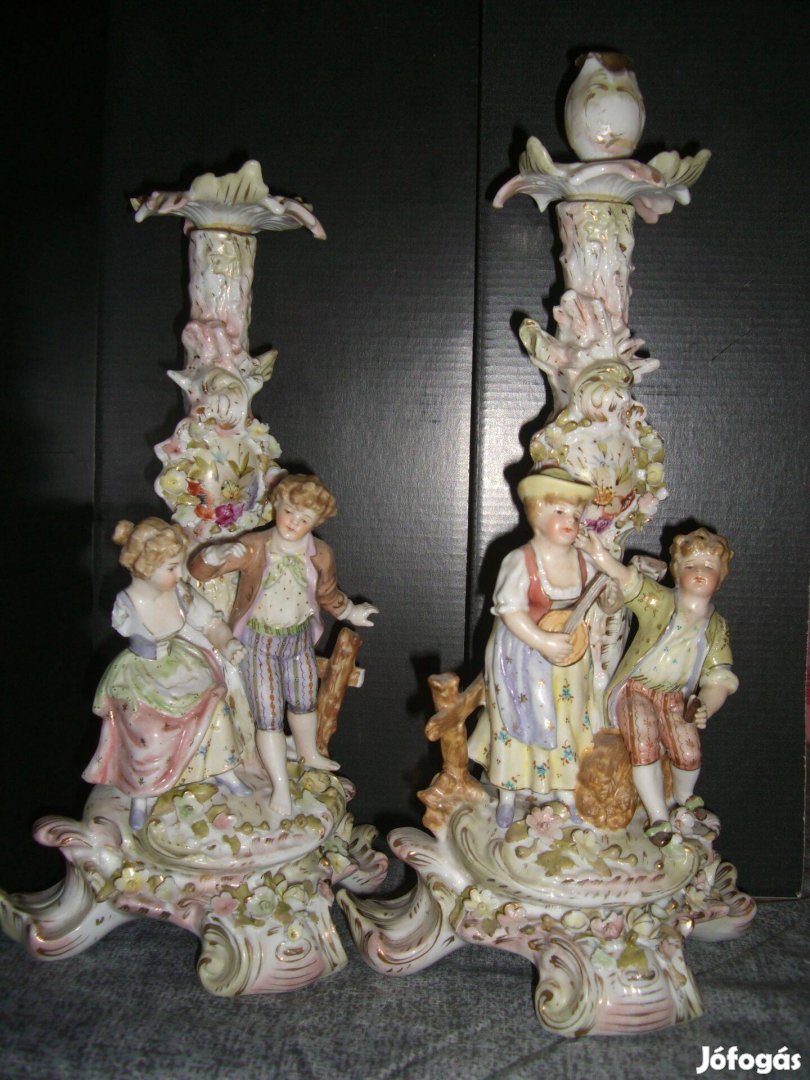 Antik német Sitzendorf porcelán figurális gyertyatartó pár