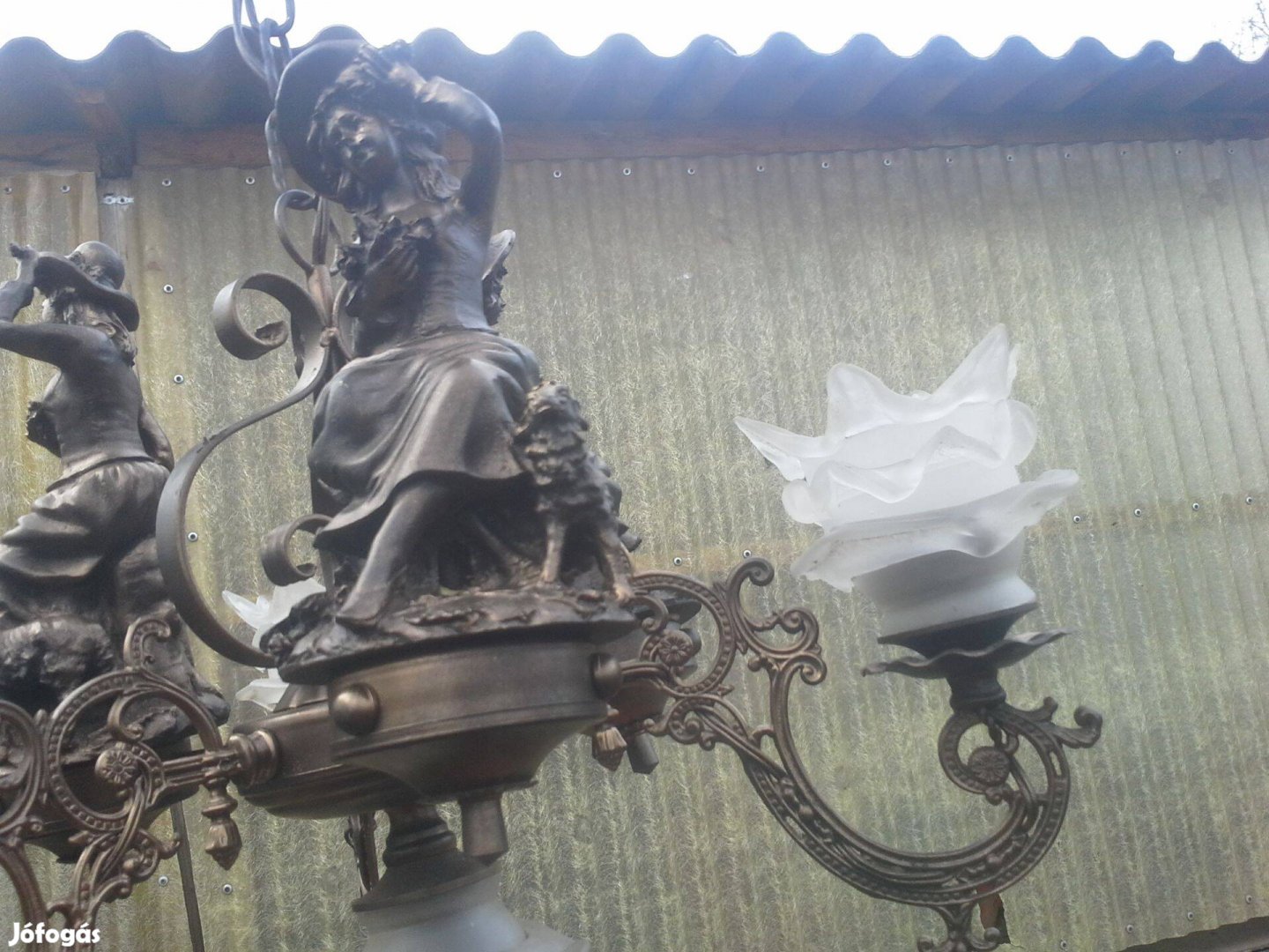 Antik német ritka kézműves 3 női szobros csillárlámpa mennyezeti lámpa
