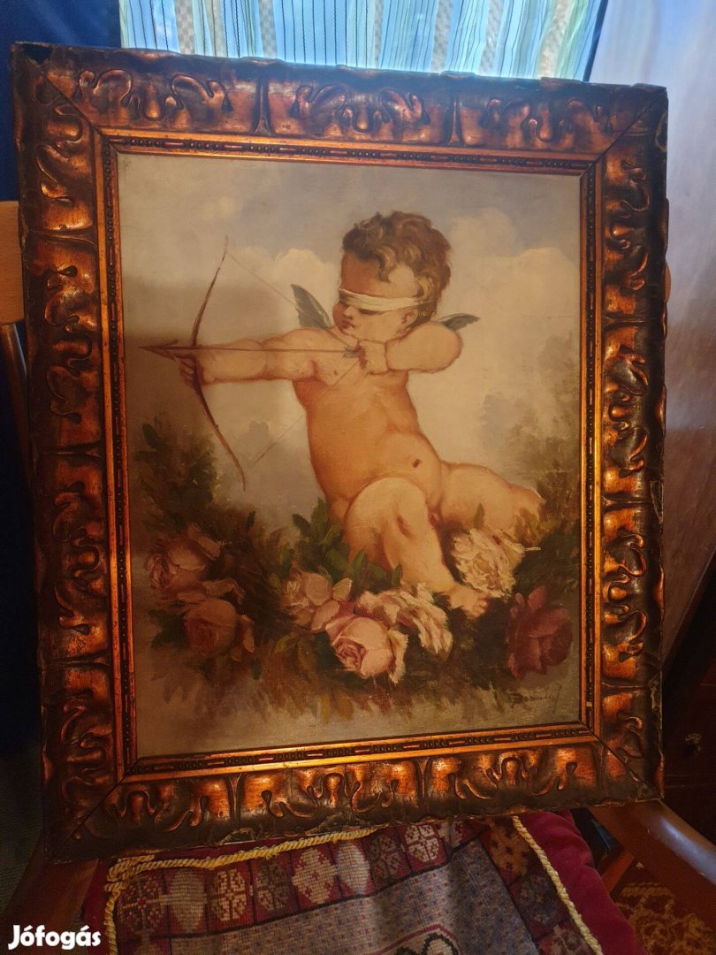 Antik olaj-vászon nyilazó puttó festmény szignós 53X63cm