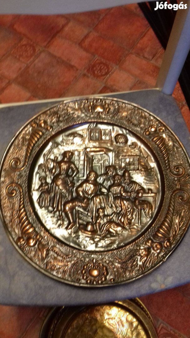 Antik óriási jelenetes réz dísz falitányér átm 36cm