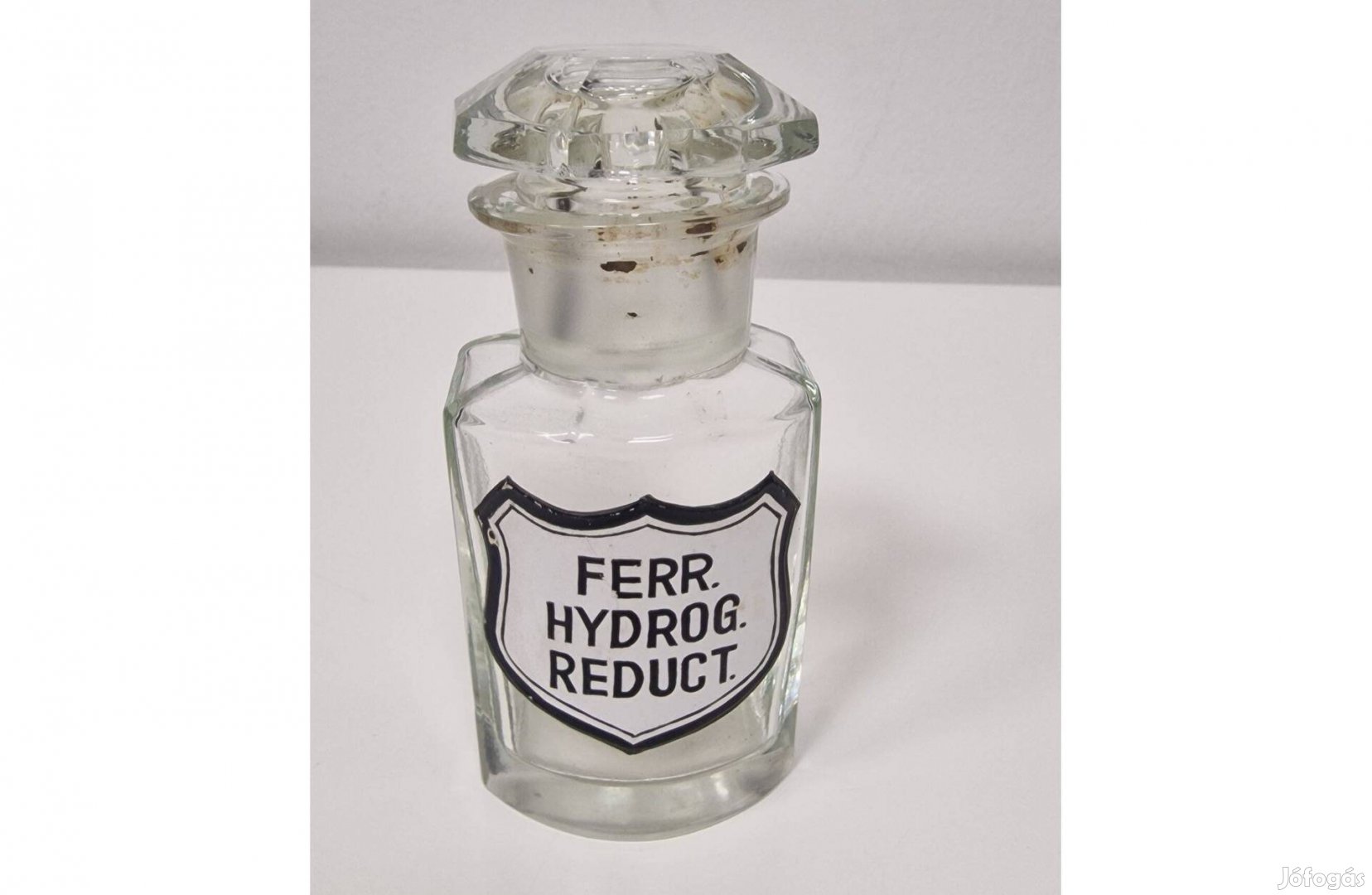 Antik patika üveg Ferr. Hydrog. Reduct felirattal a