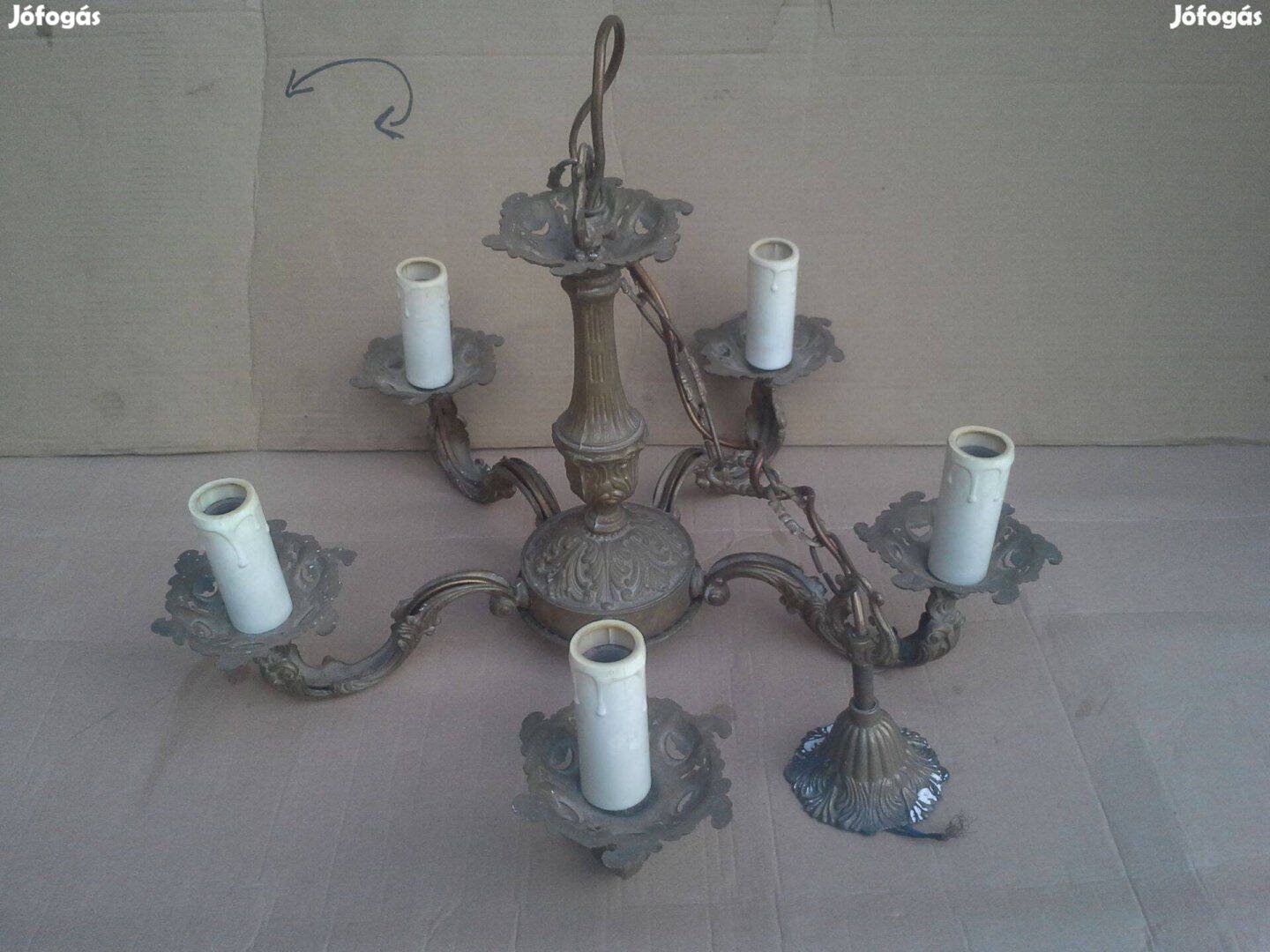 Antik patinás bronz réz 5 ágú karos csillár lámpa