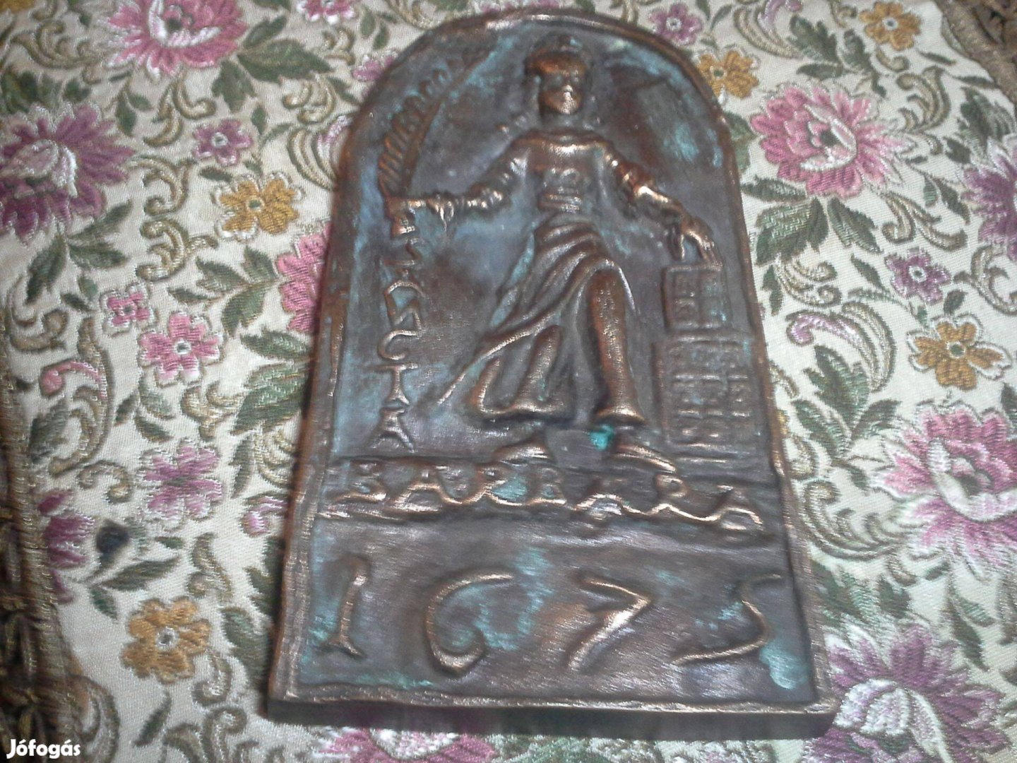 Antik régi Sancta Barbara 1675 bronz szent borbála védőszent falikép