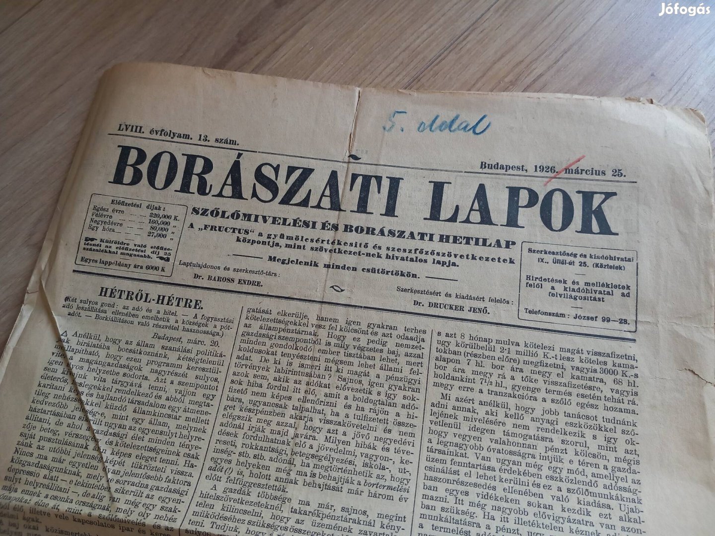 Antik régi borászati lapok újság