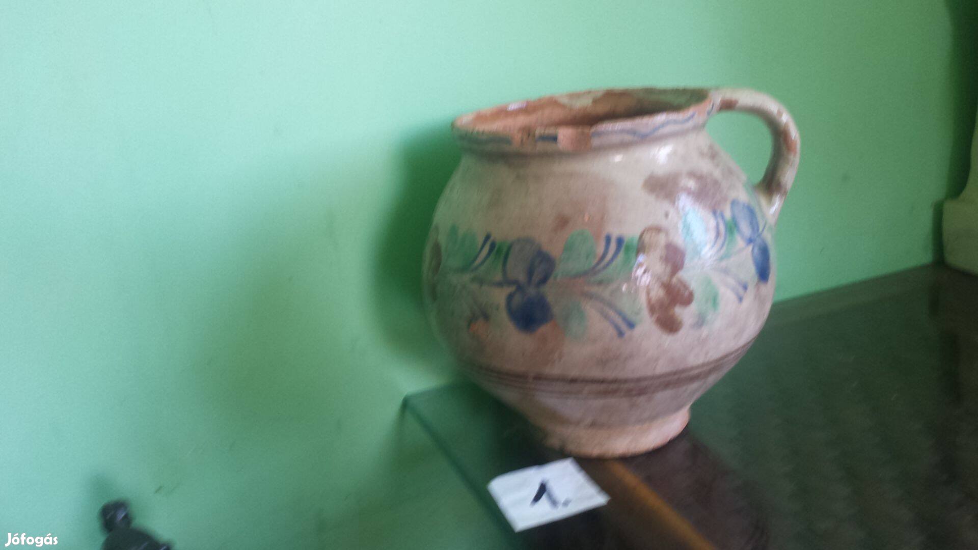 Antik régi ritka népi kézzel festett kerámia cserép fazék edény szilke