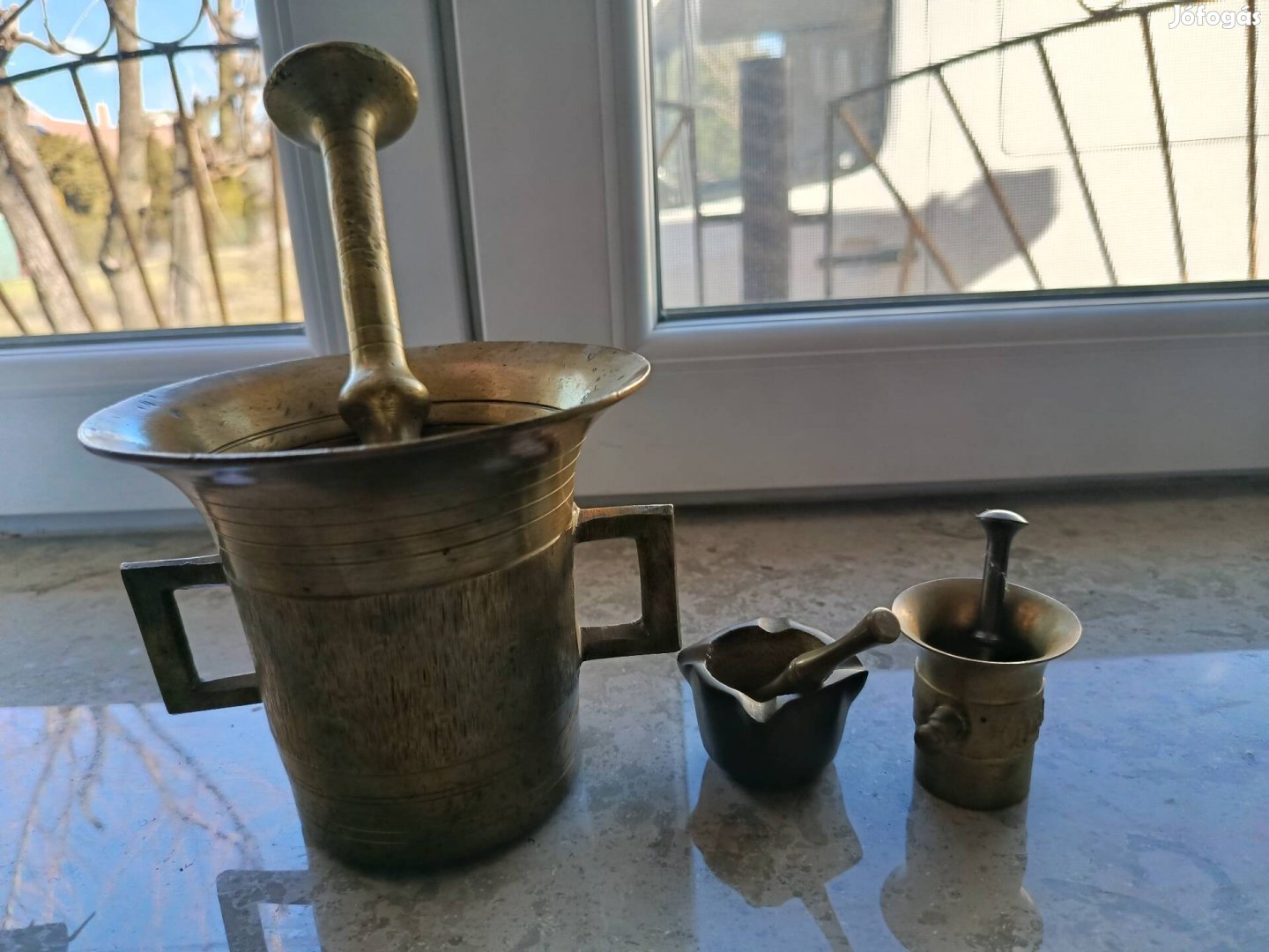 Antik sárgaréz mozsár gyűjtemény 3 db-os szett törőkkel