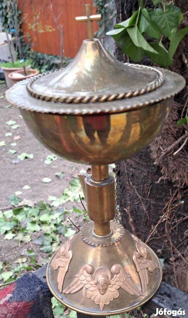 Antik templomi szenteltvíztartó, angyalos dísz, keresztes