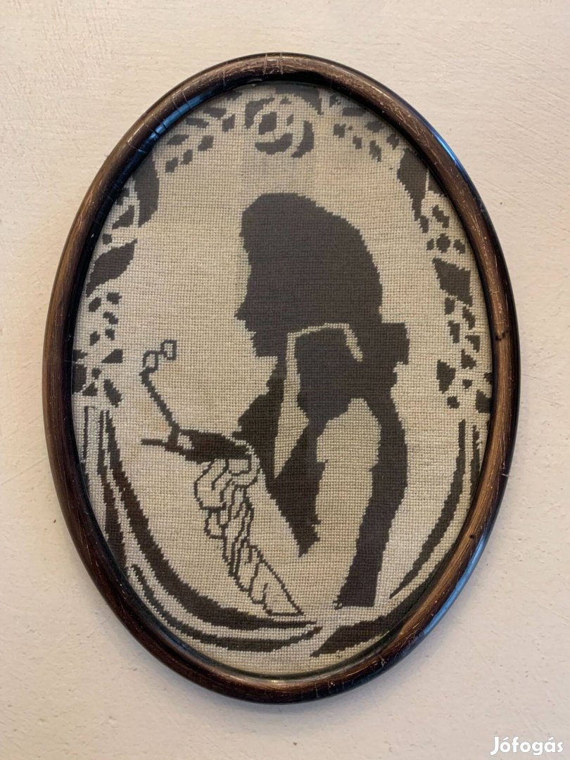 Antik tűgobelin árnykép eredeti 1930-as évekbeli keretezésbe
