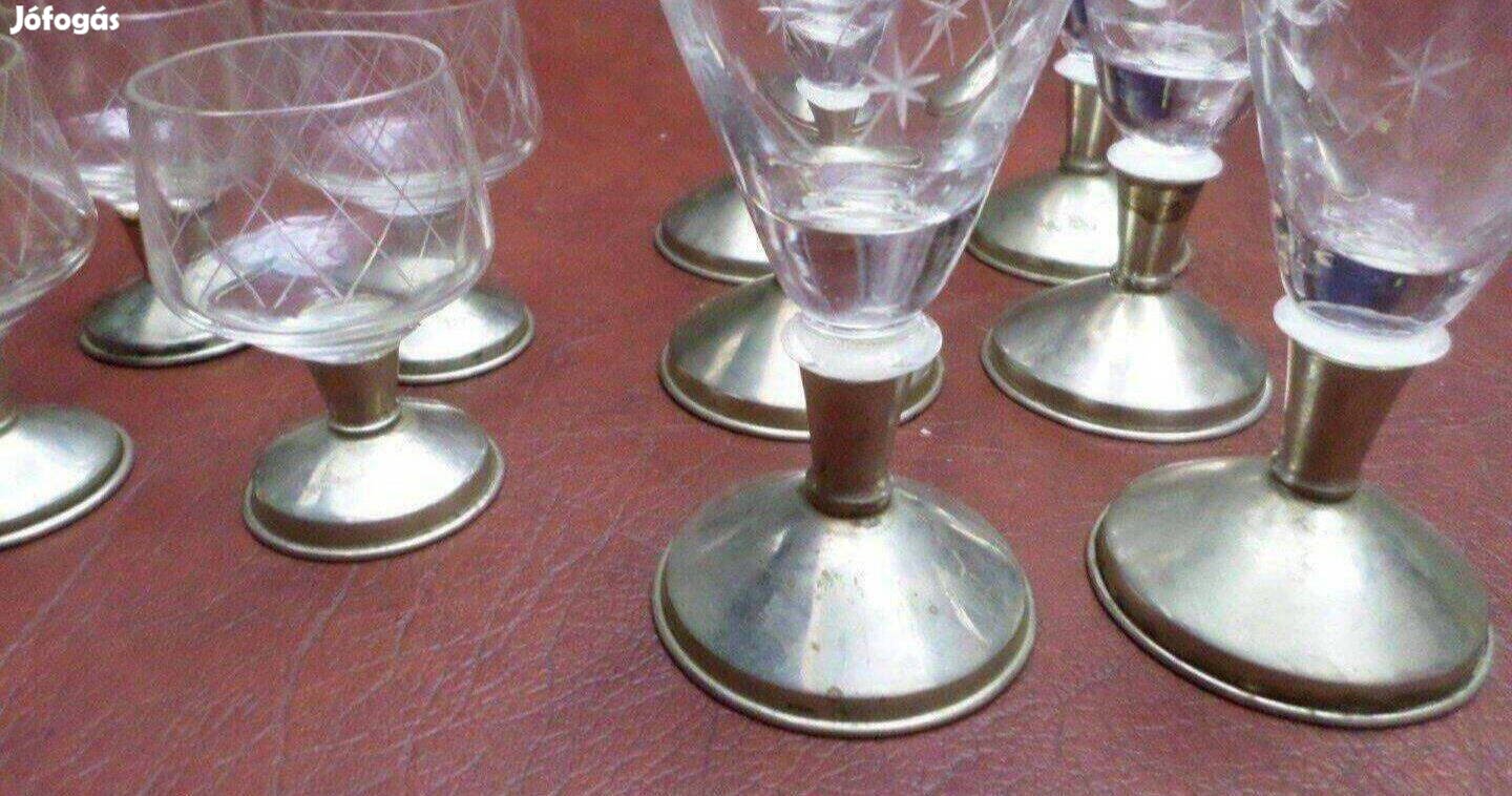 Antik üveg fém talpas pohár készlet