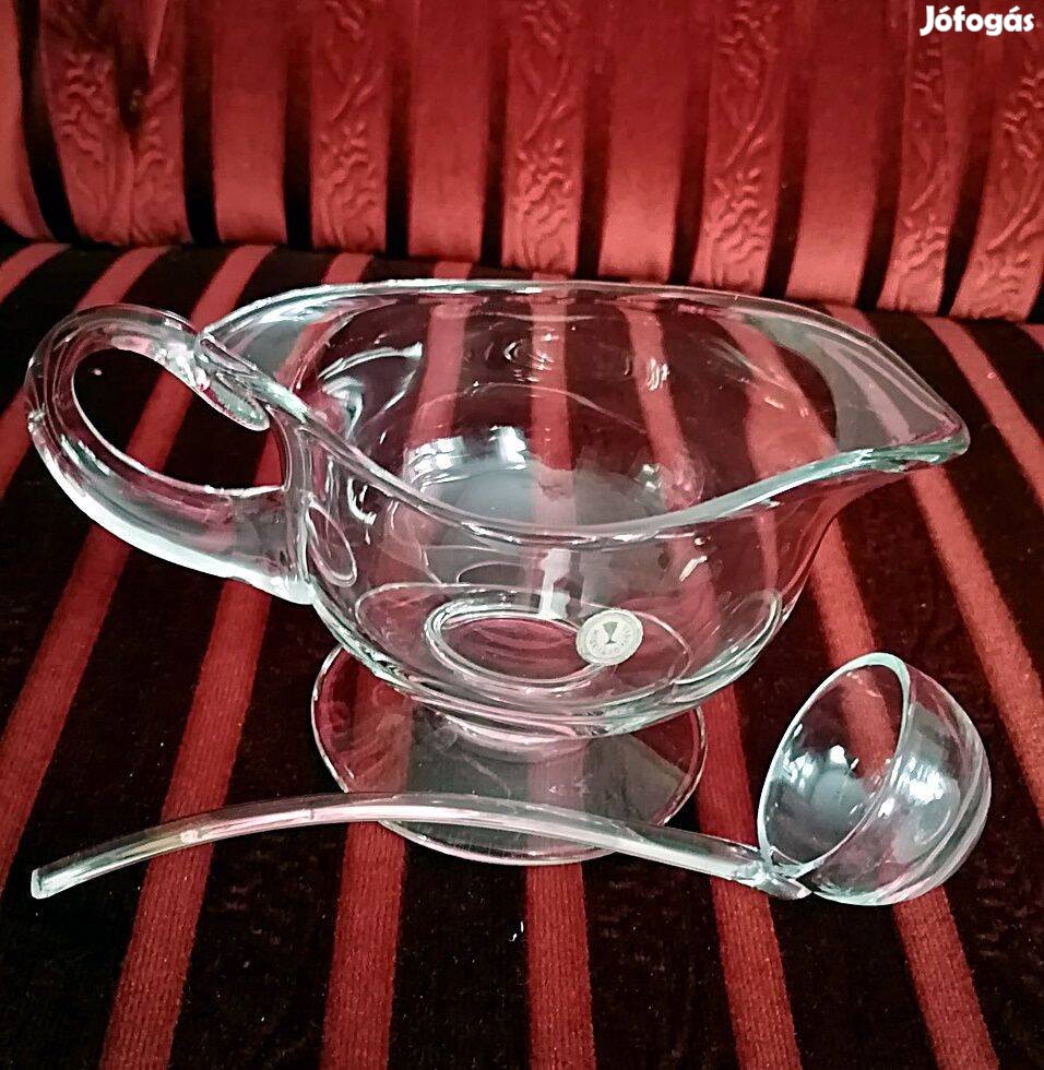 Antik üveg mártásos, szószos tálka merőkanálkával