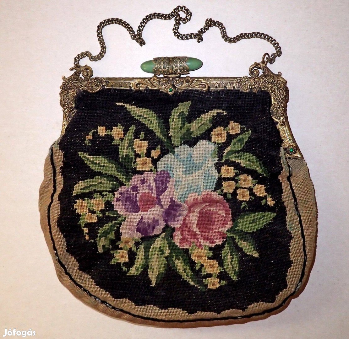 Antik vintage réz csatos köves virágos gobelin színházi táska retikül