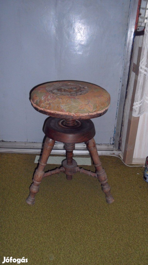 Antik zongoraszék, bárszék szék ülőke, fa csigaorsóval