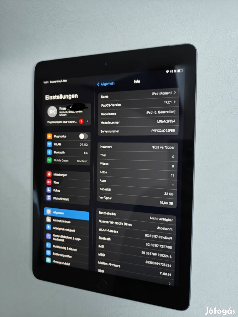 Apple ipad 6.Gen. 32GB, WiFi, 9.7 - Space Grau (Kiváló állapotban)