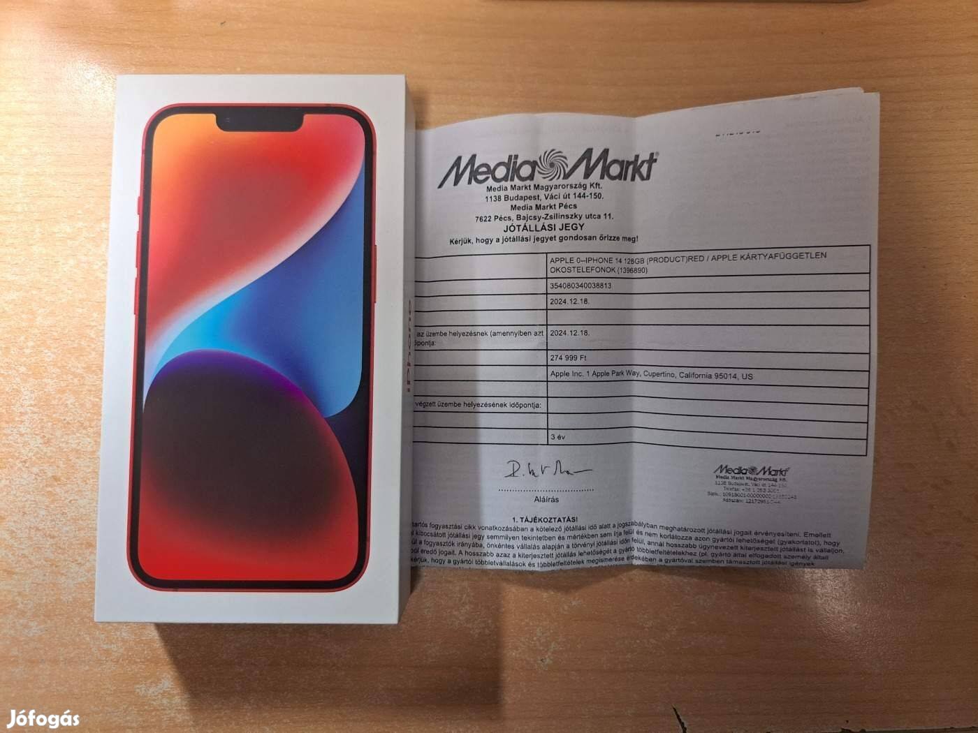 Apple iphone 14 128GB Új Független Piros 3 év Media Markt Garival !