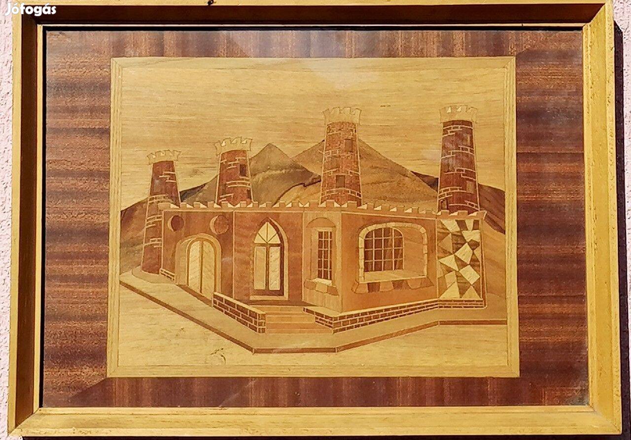 Arab erődítmény a homokdűnék között. Intarzia táblakép